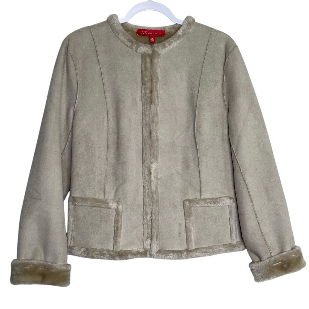 Anne Klein AK Faux Suede Jacket Faux Fur Lined Plush Cozy Comfy Warm Like New M